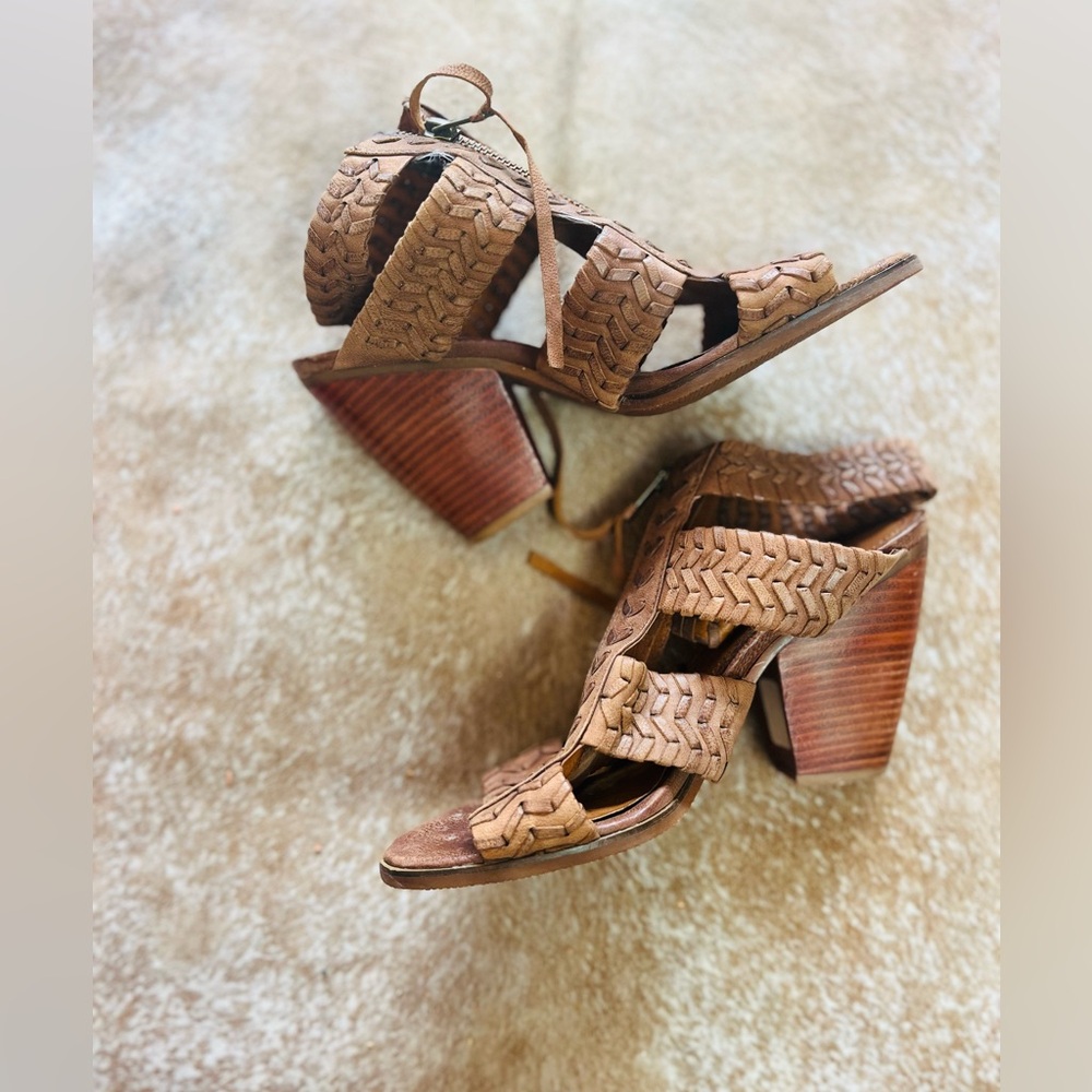 Womans leather braided boho gladiator woven cone block heel 8